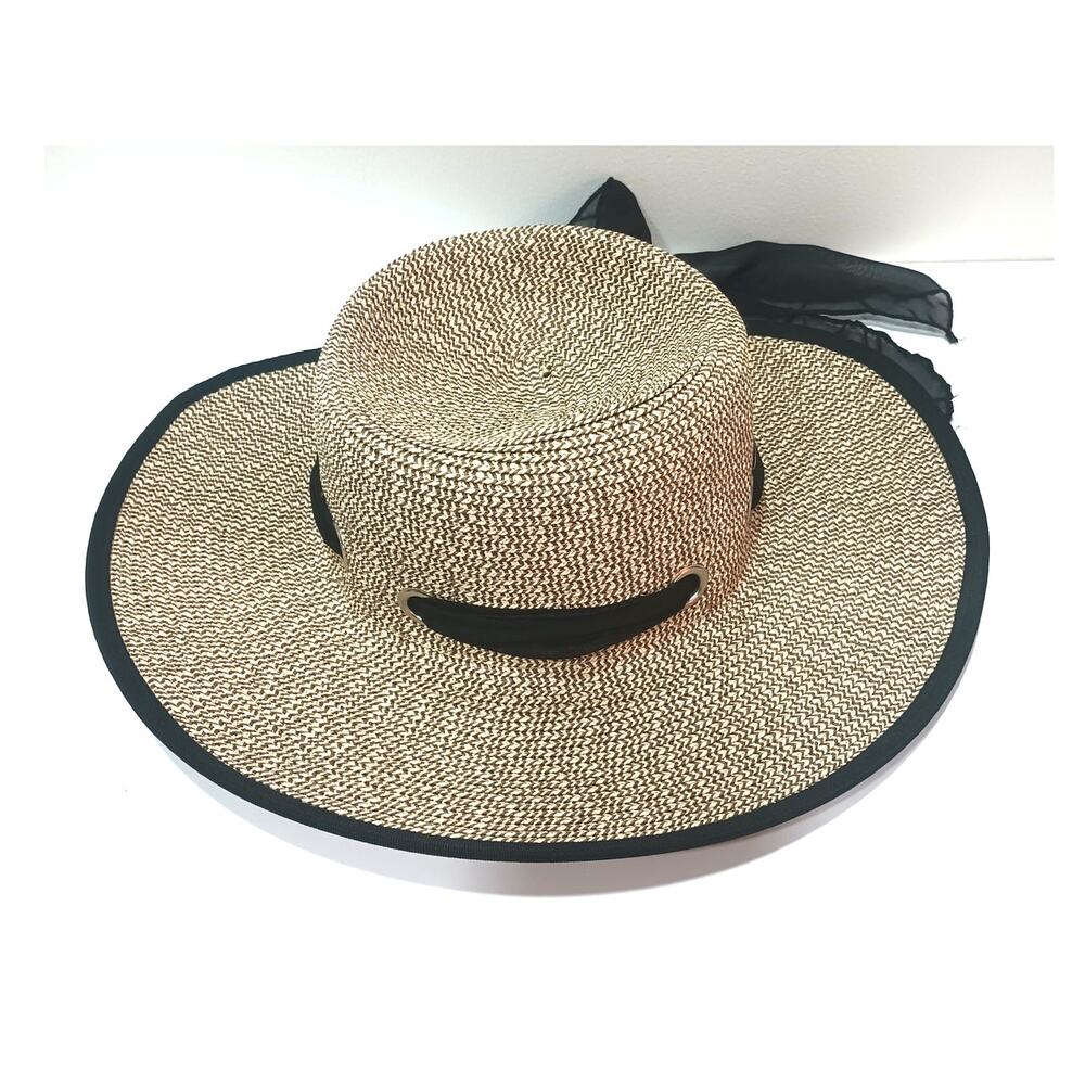 RIMA SMX BEACH WORLD 100% STRAW HAT FLOPPY WIDE BRIM TAN & BLACK